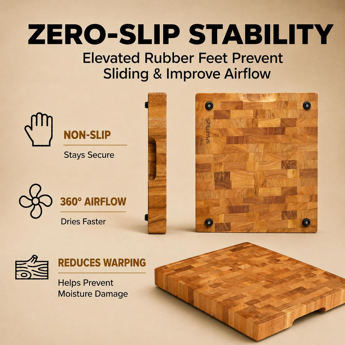 Mahogany End Grain Cutting Board, 17×13×1.6 in – Handmade Butcher Block, Knife-Friendly, Juice Groove, Non-Slip Feet