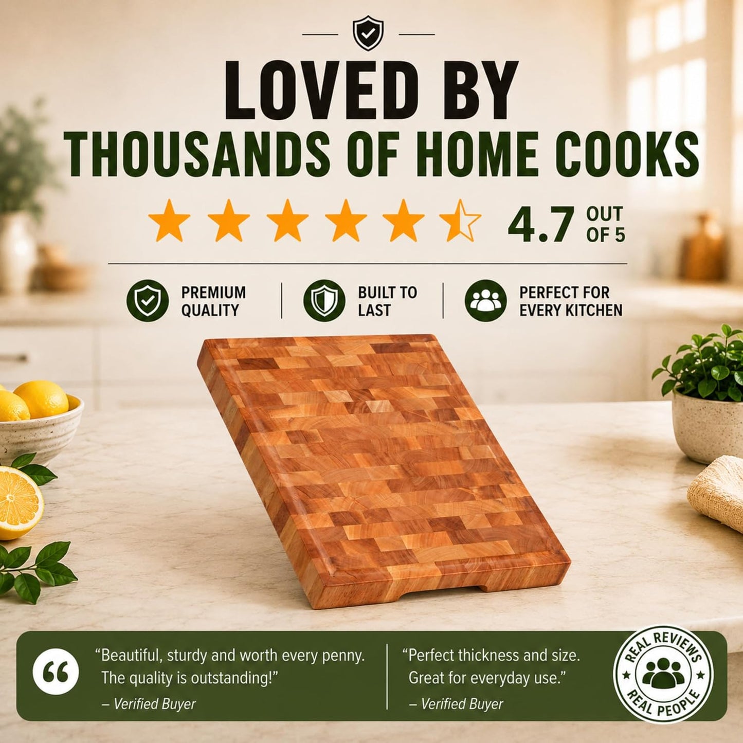 Mahogany End Grain Cutting Board, 17×13×1.6 in – Handmade Butcher Block, Knife-Friendly, Juice Groove, Non-Slip Feet