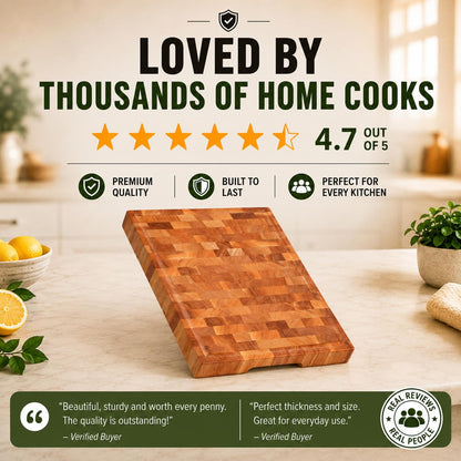 Mahogany End Grain Cutting Board, 17×13×1.6 in – Handmade Butcher Block, Knife-Friendly, Juice Groove, Non-Slip Feet