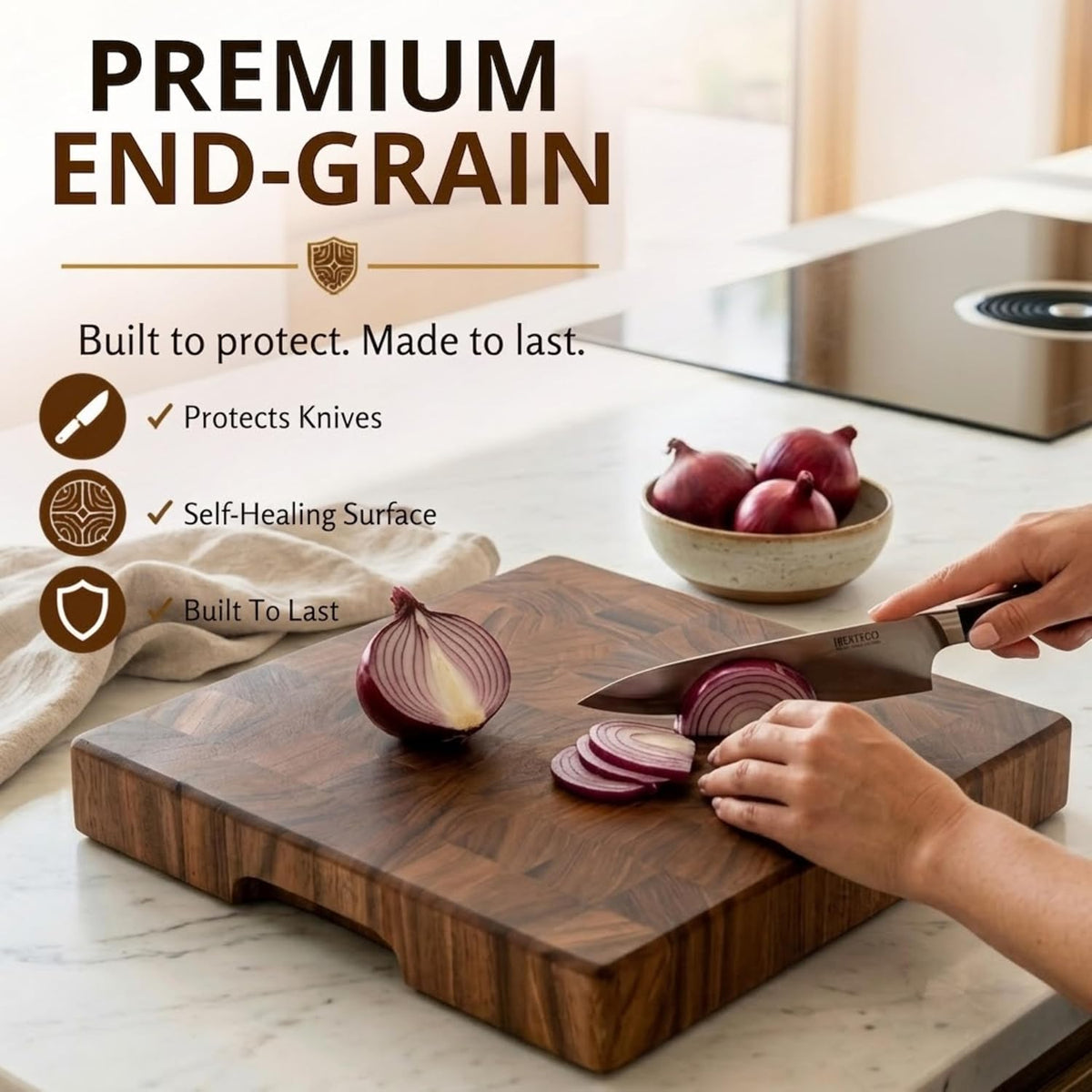 Mahogany End Grain Cutting Board, 17×13×1.6 in – Handmade Butcher Block, Knife-Friendly, Juice Groove, Non-Slip Feet
