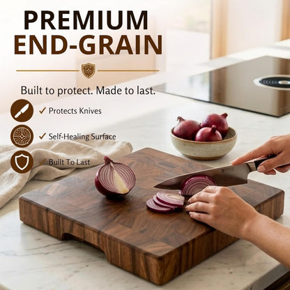 Mahogany End Grain Cutting Board, 17×13×1.6 in – Handmade Butcher Block, Knife-Friendly, Juice Groove, Non-Slip Feet