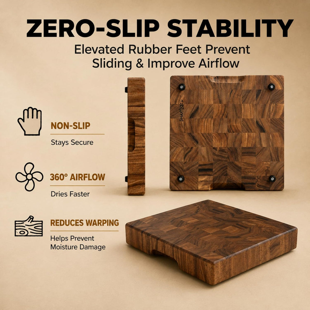 Mahogany End Grain Cutting Board, 17×13×1.6 in – Handmade Butcher Block, Knife-Friendly, Juice Groove, Non-Slip Feet