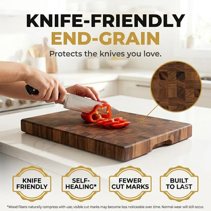 Mahogany End Grain Cutting Board, 17×13×1.6 in – Handmade Butcher Block, Knife-Friendly, Juice Groove, Non-Slip Feet