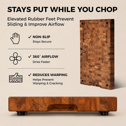 Mahogany End Grain Cutting Board, 17×13×1.6 in – Handmade Butcher Block, Knife-Friendly, Juice Groove, Non-Slip Feet