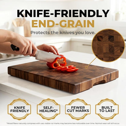 Mahogany End Grain Cutting Board, 17×13×1.6 in – Handmade Butcher Block, Knife-Friendly, Juice Groove, Non-Slip Feet