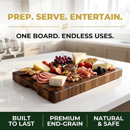 Mahogany End Grain Cutting Board, 17×13×1.6 in – Handmade Butcher Block, Knife-Friendly, Juice Groove, Non-Slip Feet