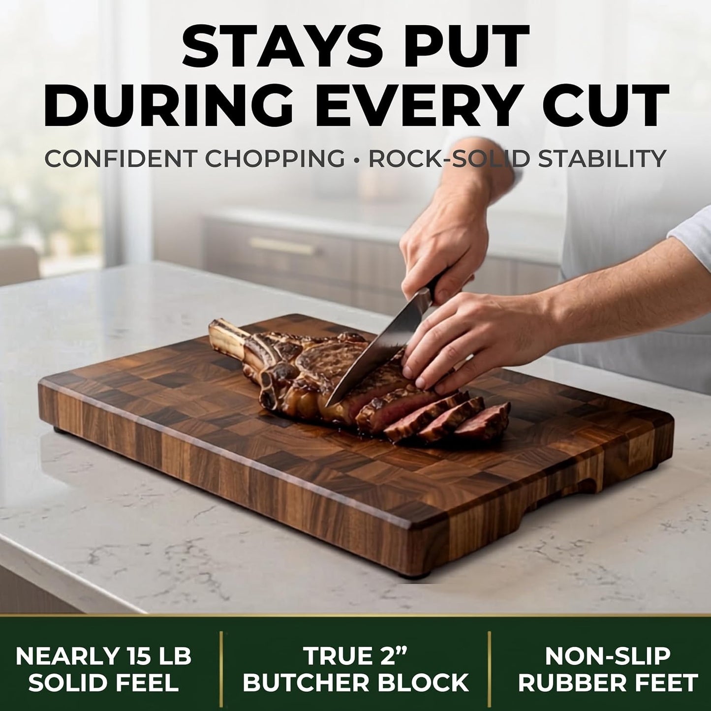 Mahogany End Grain Cutting Board, 17×13×1.6 in – Handmade Butcher Block, Knife-Friendly, Juice Groove, Non-Slip Feet