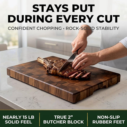 Mahogany End Grain Cutting Board, 17×13×1.6 in – Handmade Butcher Block, Knife-Friendly, Juice Groove, Non-Slip Feet
