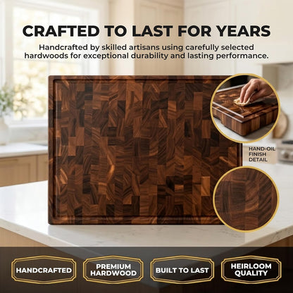Mahogany End Grain Cutting Board, 17×13×1.6 in – Handmade Butcher Block, Knife-Friendly, Juice Groove, Non-Slip Feet