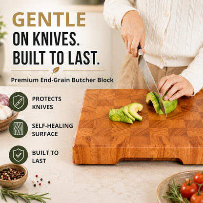 Mahogany End Grain Cutting Board, 17×13×1.6 in – Handmade Butcher Block, Knife-Friendly, Juice Groove, Non-Slip Feet