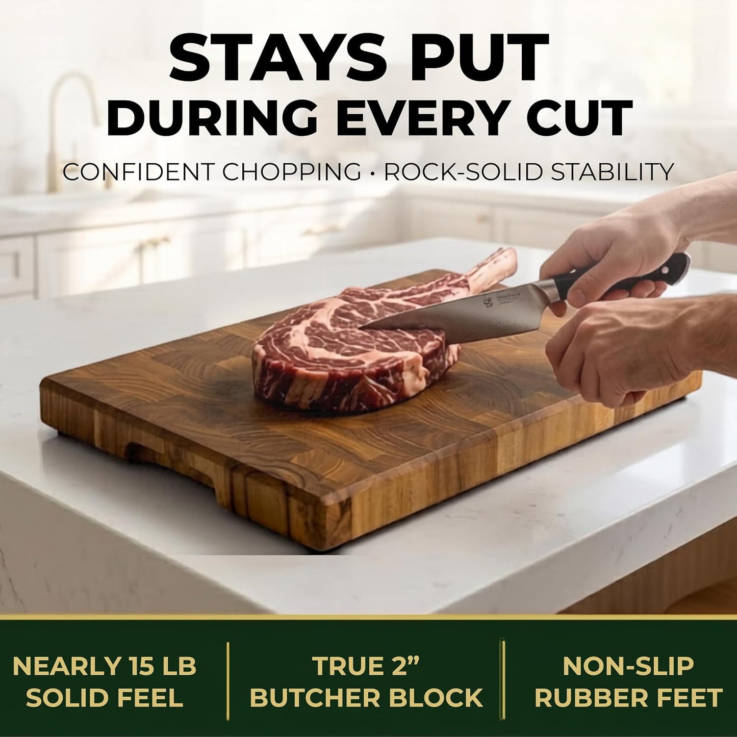 Mahogany End Grain Cutting Board, 17×13×1.6 in – Handmade Butcher Block, Knife-Friendly, Juice Groove, Non-Slip Feet
