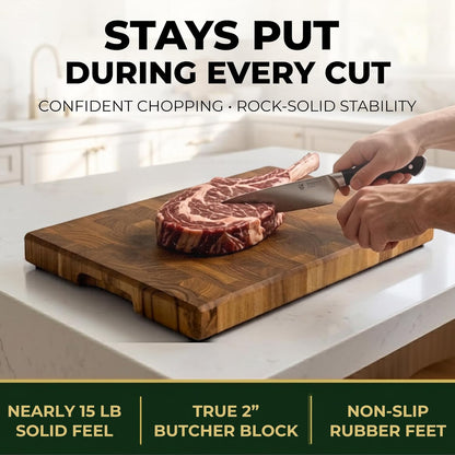 Mahogany End Grain Cutting Board, 17×13×1.6 in – Handmade Butcher Block, Knife-Friendly, Juice Groove, Non-Slip Feet