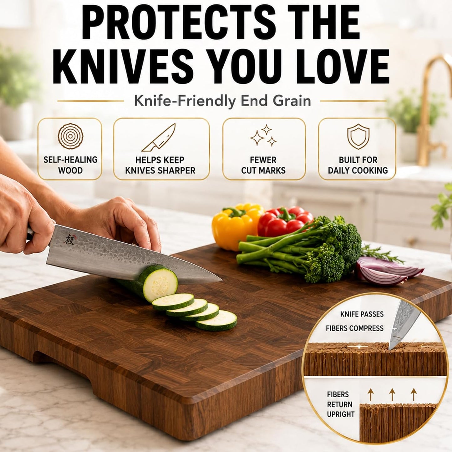 Mahogany End Grain Cutting Board, 17×13×1.6 in – Handmade Butcher Block, Knife-Friendly, Juice Groove, Non-Slip Feet