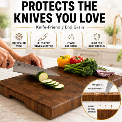 Mahogany End Grain Cutting Board, 17×13×1.6 in – Handmade Butcher Block, Knife-Friendly, Juice Groove, Non-Slip Feet