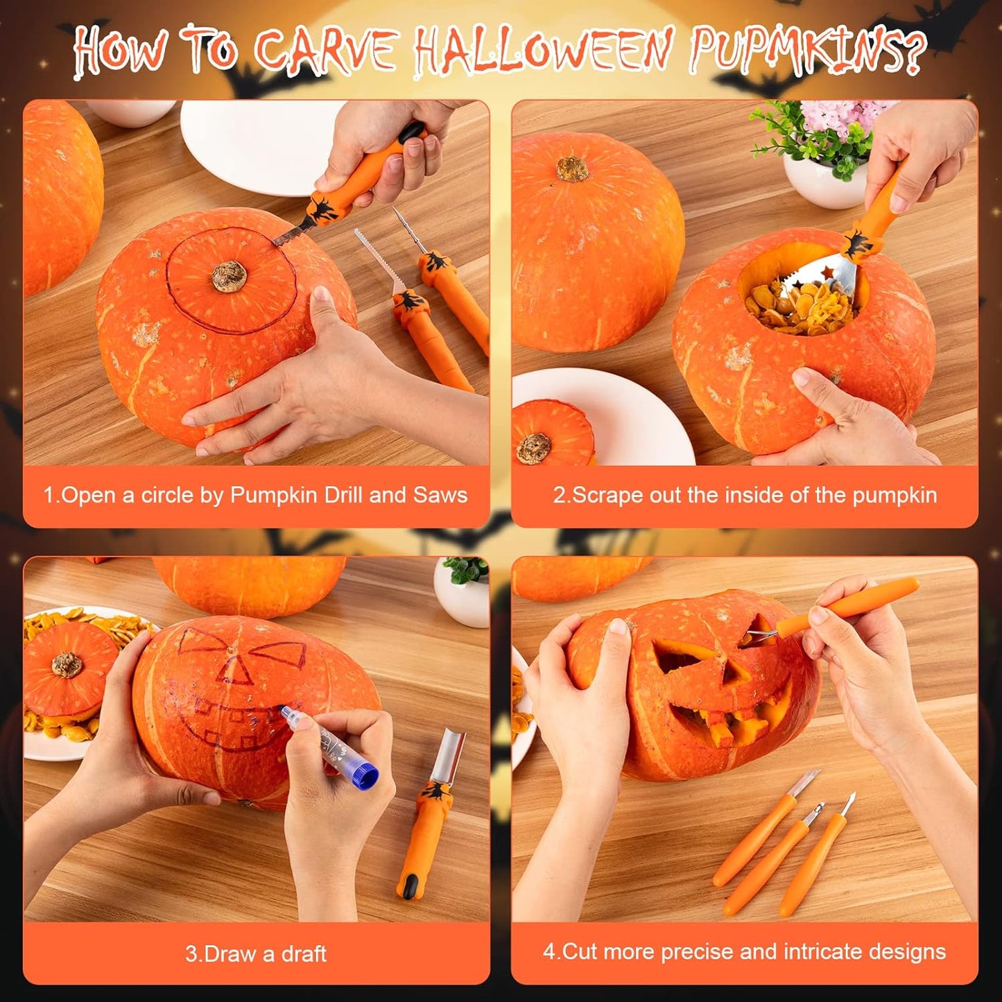 Pumpkin Carving Kit Tools Halloween, Professional Heavy Duty Carving Set, Stainless Steel Sculpting Tool Carving Knife for Halloween Decoration Jack-O-Lanterns, Gift for Halloween(9PCS)