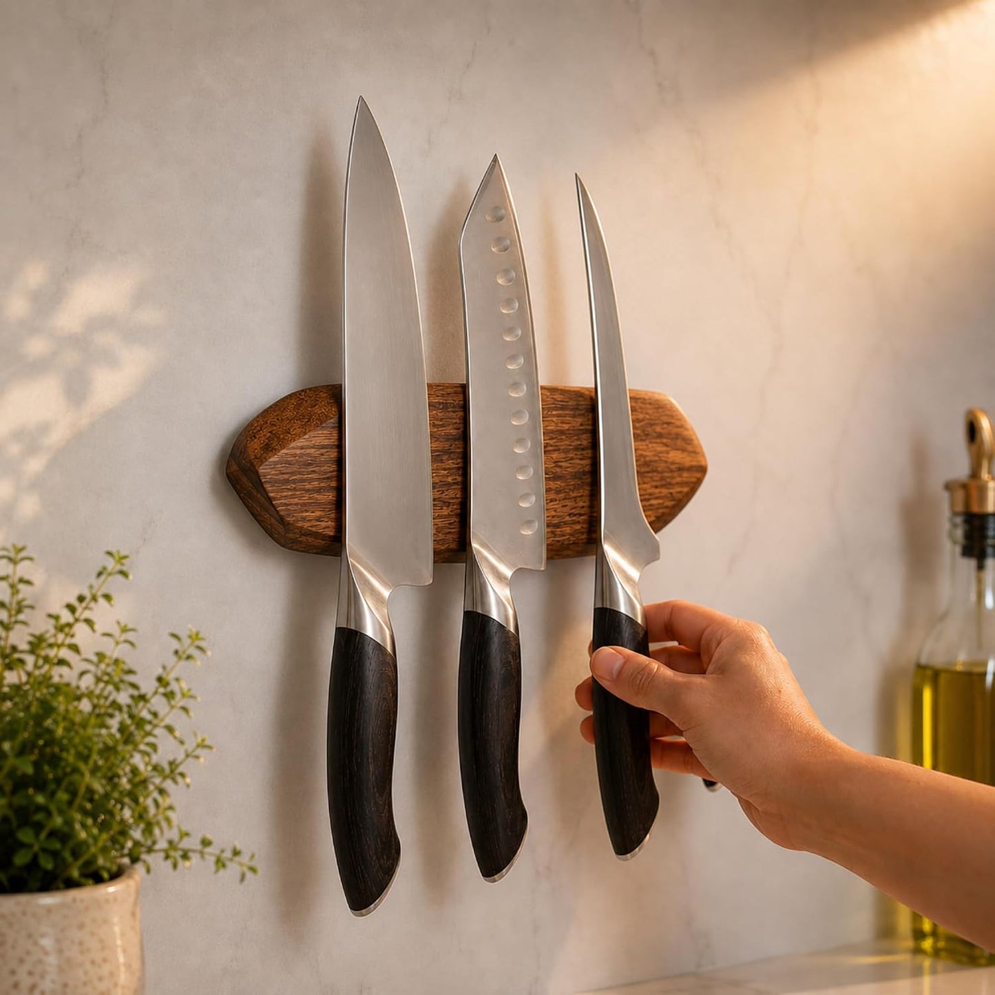Magnetic Knife Holder - Acacia Wooden Wall-Mount Magnetic Knife Strip & Organizer with 3M No-Drill & Screw Mount Options, Water-Resistant Universal Knife Holder | 12 Inches, Capacity 6.6 lb