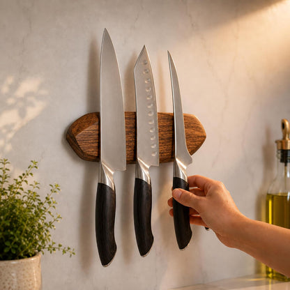 Magnetic Knife Holder - Acacia Wooden Wall-Mount Magnetic Knife Strip & Organizer with 3M No-Drill & Screw Mount Options, Water-Resistant Universal Knife Holder | 12 Inches, Capacity 6.6 lb