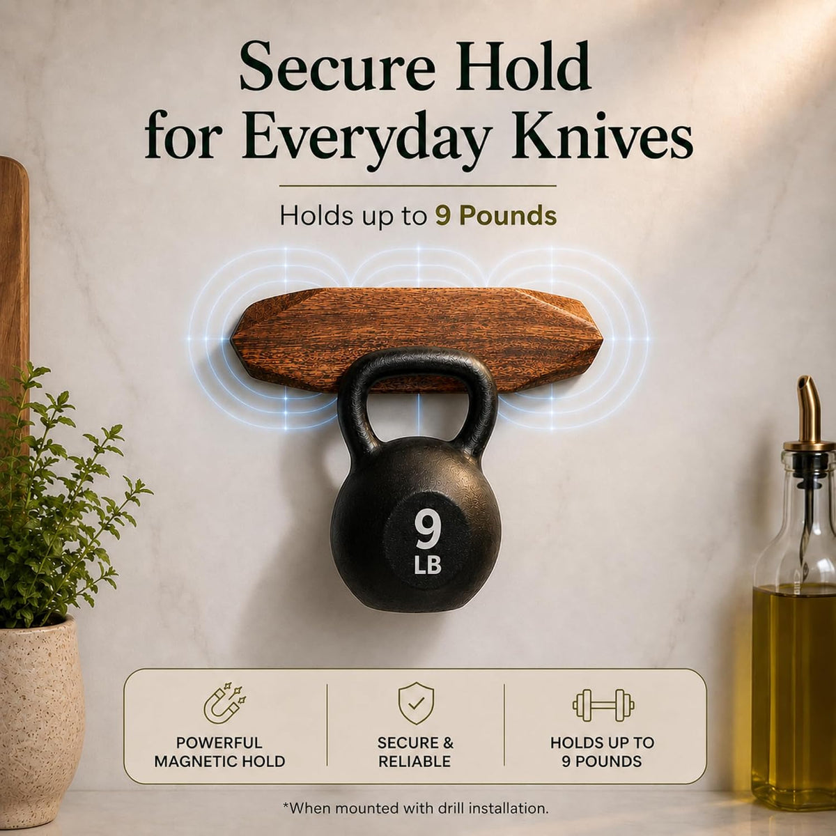 Magnetic Knife Holder - Acacia Wooden Wall-Mount Magnetic Knife Strip & Organizer with 3M No-Drill & Screw Mount Options, Water-Resistant Universal Knife Holder | 12 Inches, Capacity 6.6 lb