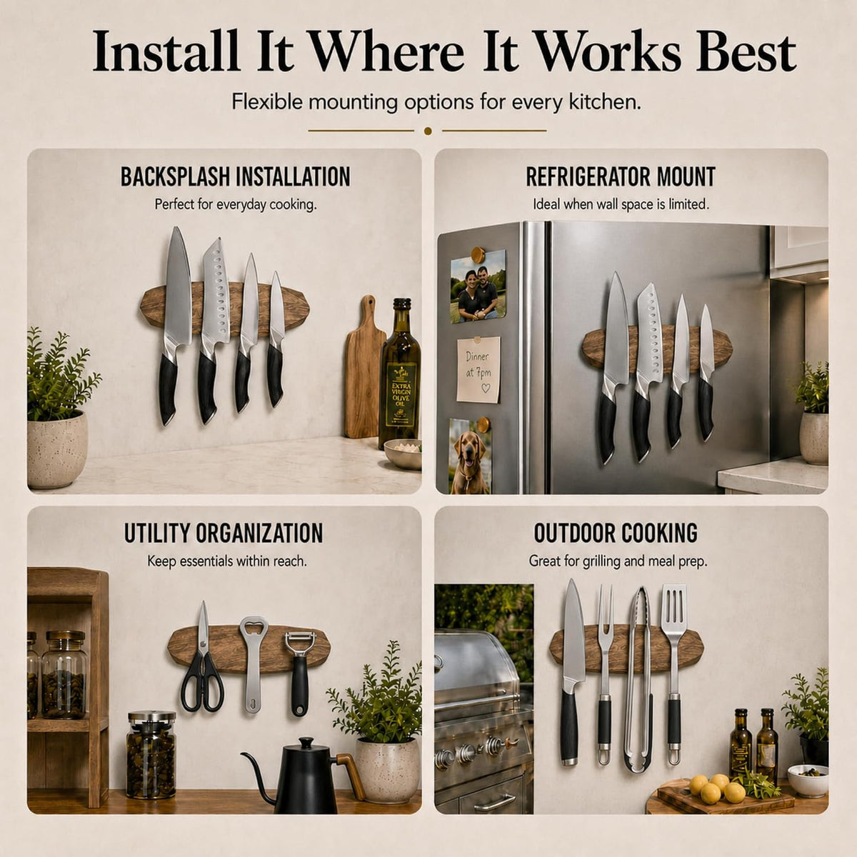 Magnetic Knife Holder - Acacia Wooden Wall-Mount Magnetic Knife Strip & Organizer with 3M No-Drill & Screw Mount Options, Water-Resistant Universal Knife Holder | 12 Inches, Capacity 6.6 lb