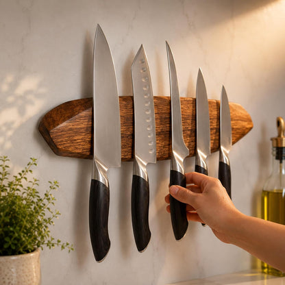 Magnetic Knife Holder - Acacia Wooden Wall-Mount Magnetic Knife Strip & Organizer with 3M No-Drill & Screw Mount Options, Water-Resistant Universal Knife Holder | 12 Inches, Capacity 6.6 lb