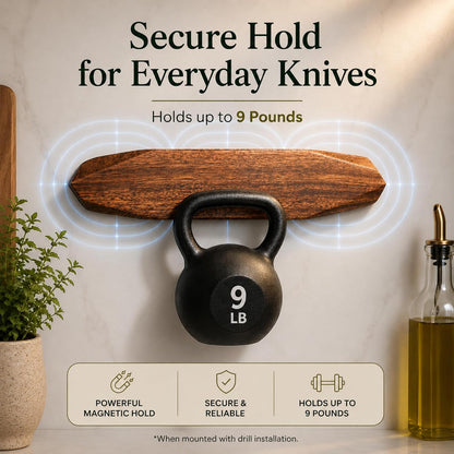 Magnetic Knife Holder - Acacia Wooden Wall-Mount Magnetic Knife Strip & Organizer with 3M No-Drill & Screw Mount Options, Water-Resistant Universal Knife Holder | 12 Inches, Capacity 6.6 lb