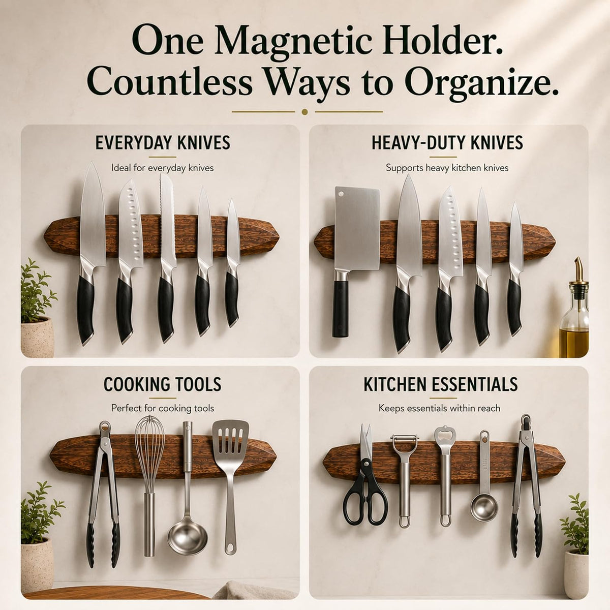 Magnetic Knife Holder - Acacia Wooden Wall-Mount Magnetic Knife Strip & Organizer with 3M No-Drill & Screw Mount Options, Water-Resistant Universal Knife Holder | 12 Inches, Capacity 6.6 lb