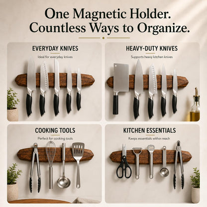 Magnetic Knife Holder - Acacia Wooden Wall-Mount Magnetic Knife Strip & Organizer with 3M No-Drill & Screw Mount Options, Water-Resistant Universal Knife Holder | 12 Inches, Capacity 6.6 lb
