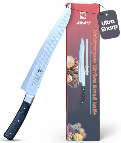 10'' Serrated Bread Knife for Homemade Sourdough with Sharpening Rod – Ultra Sharp Japanese J2 Stainless Steel Blade, Full Tang Design & Ergonomic Handle