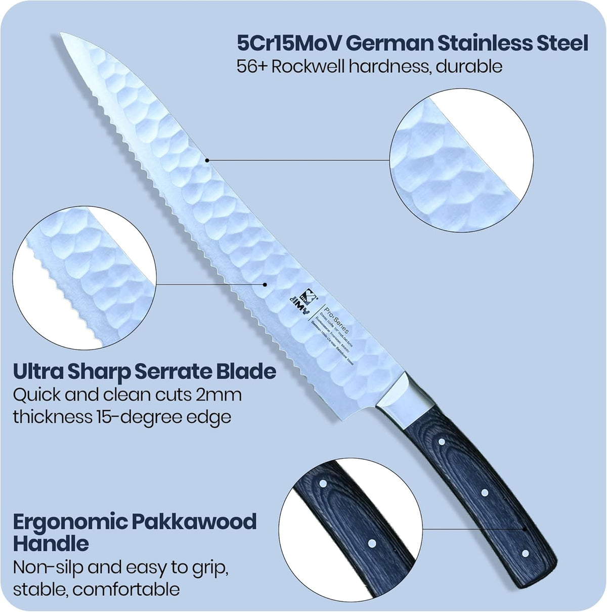 10'' Serrated Bread Knife for Homemade Sourdough with Sharpening Rod – Ultra Sharp Japanese J2 Stainless Steel Blade, Full Tang Design & Ergonomic Handle