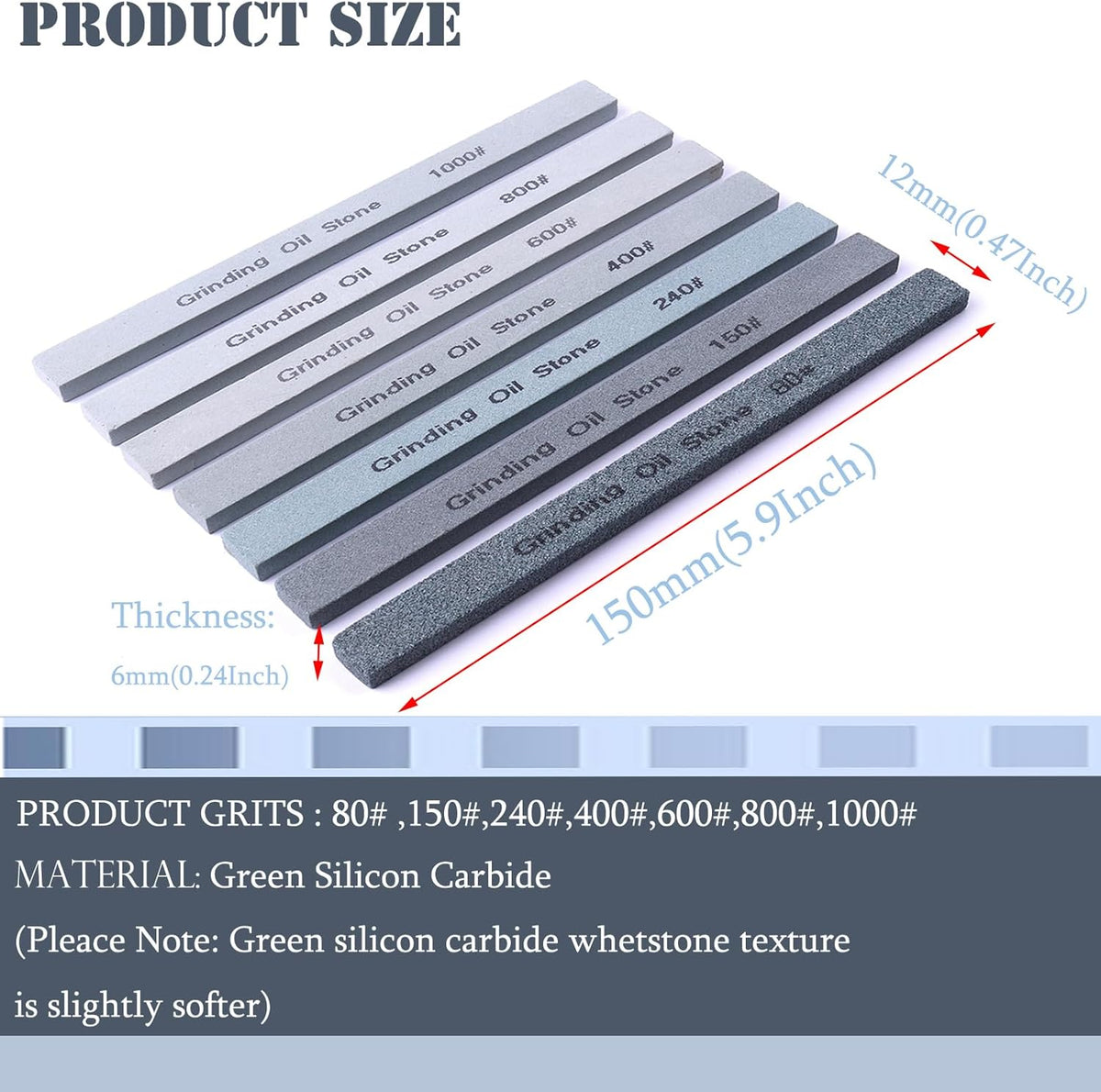 7pcs Sharpening Stone Set,7 Grit Green Silicon Carbide Whetstone Stick Honing Stone for Knife,Scissor,Moldel and Bladed Tools 80# 150# 240# 400# 600# 800# 1000# (5.9x0.47x0.24Inch)