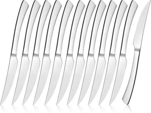 Serrated Steak Knives Set of 12, Stainless Steel Dinner Knife for Home Kitchen Restaurant, 9 Inch Table Knife with Ergonomic Handle and Sharp Tip & Blade, Mirror Silver & Dishwasher Safe