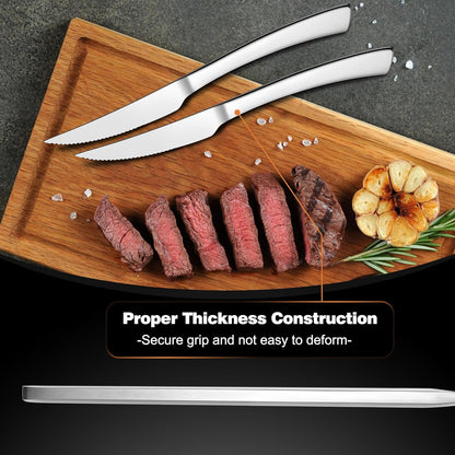 Serrated Steak Knives Set of 12, Stainless Steel Dinner Knife for Home Kitchen Restaurant, 9 Inch Table Knife with Ergonomic Handle and Sharp Tip & Blade, Mirror Silver & Dishwasher Safe