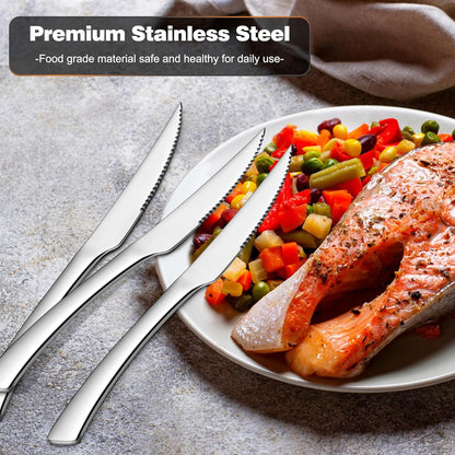 Serrated Steak Knives Set of 12, Stainless Steel Dinner Knife for Home Kitchen Restaurant, 9 Inch Table Knife with Ergonomic Handle and Sharp Tip & Blade, Mirror Silver & Dishwasher Safe