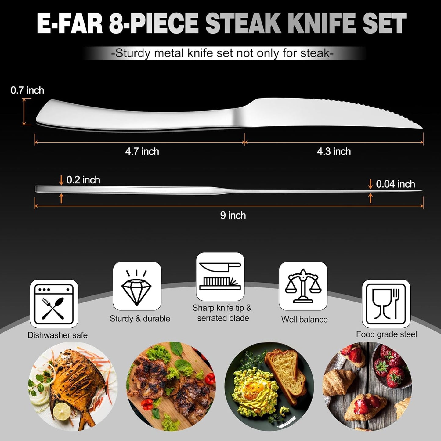 Serrated Steak Knives Set of 12, Stainless Steel Dinner Knife for Home Kitchen Restaurant, 9 Inch Table Knife with Ergonomic Handle and Sharp Tip & Blade, Mirror Silver & Dishwasher Safe