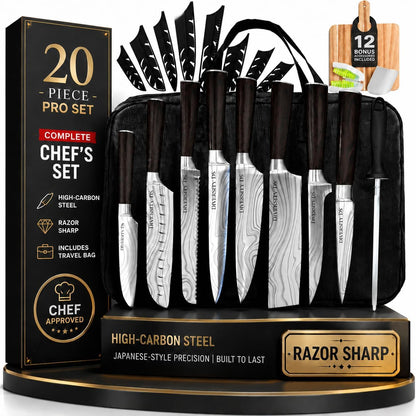 Japanese Kitchen Knife Set with Bag, 20-Piece Professional Chef Knife Set, High Carbon Stainless Steel Knives, Travel Case and Cutting Board, Complete Cooking Set