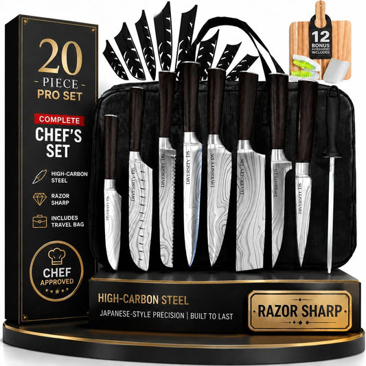 Japanese Kitchen Knife Set with Bag, 20-Piece Professional Chef Knife Set, High Carbon Stainless Steel Knives, Travel Case and Cutting Board, Complete Cooking Set