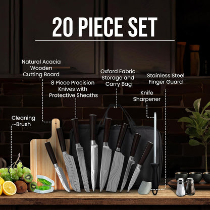 Japanese Kitchen Knife Set with Bag, 20-Piece Professional Chef Knife Set, High Carbon Stainless Steel Knives, Travel Case and Cutting Board, Complete Cooking Set