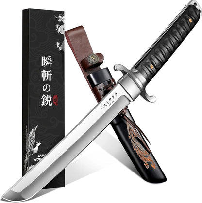 Tanto Fixed Blade Knife - Japanese Outdoor Survival Knives with Leather Sheath 5mm Thick Full Tang Bushcraft Knife for Camping Hiking Premium Gifts for Men