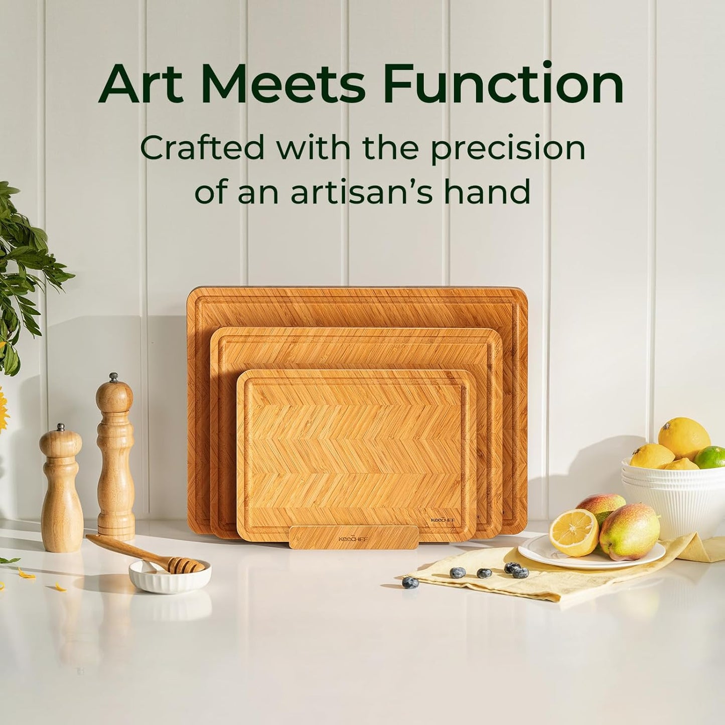Bamboo Cutting Board, Reversible Wood Cutting Boards for Kitchen with Juice Grooves, Atelier Collection Handcrafted Large Serving Tray, Luxury Housewarming Wedding Gifts for New Home
