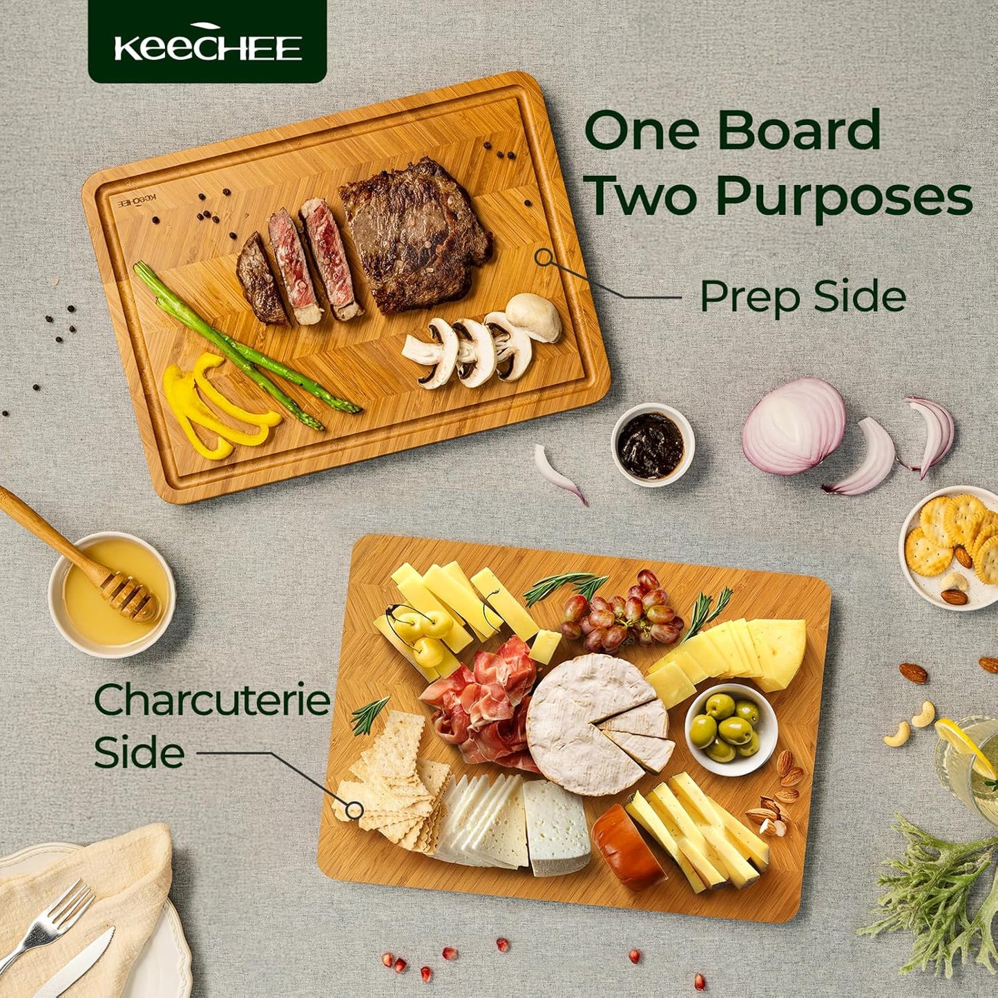 Bamboo Cutting Board, Reversible Wood Cutting Boards for Kitchen with Juice Grooves, Atelier Collection Handcrafted Large Serving Tray, Luxury Housewarming Wedding Gifts for New Home
