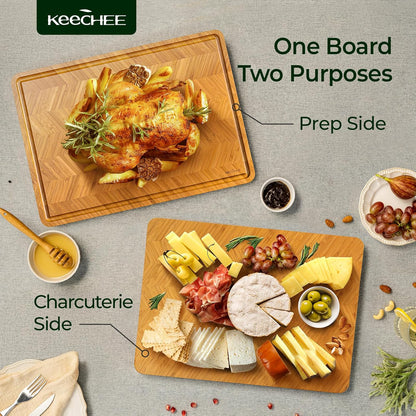 Bamboo Cutting Board, Reversible Wood Cutting Boards for Kitchen with Juice Grooves, Atelier Collection Handcrafted Large Serving Tray, Luxury Housewarming Wedding Gifts for New Home