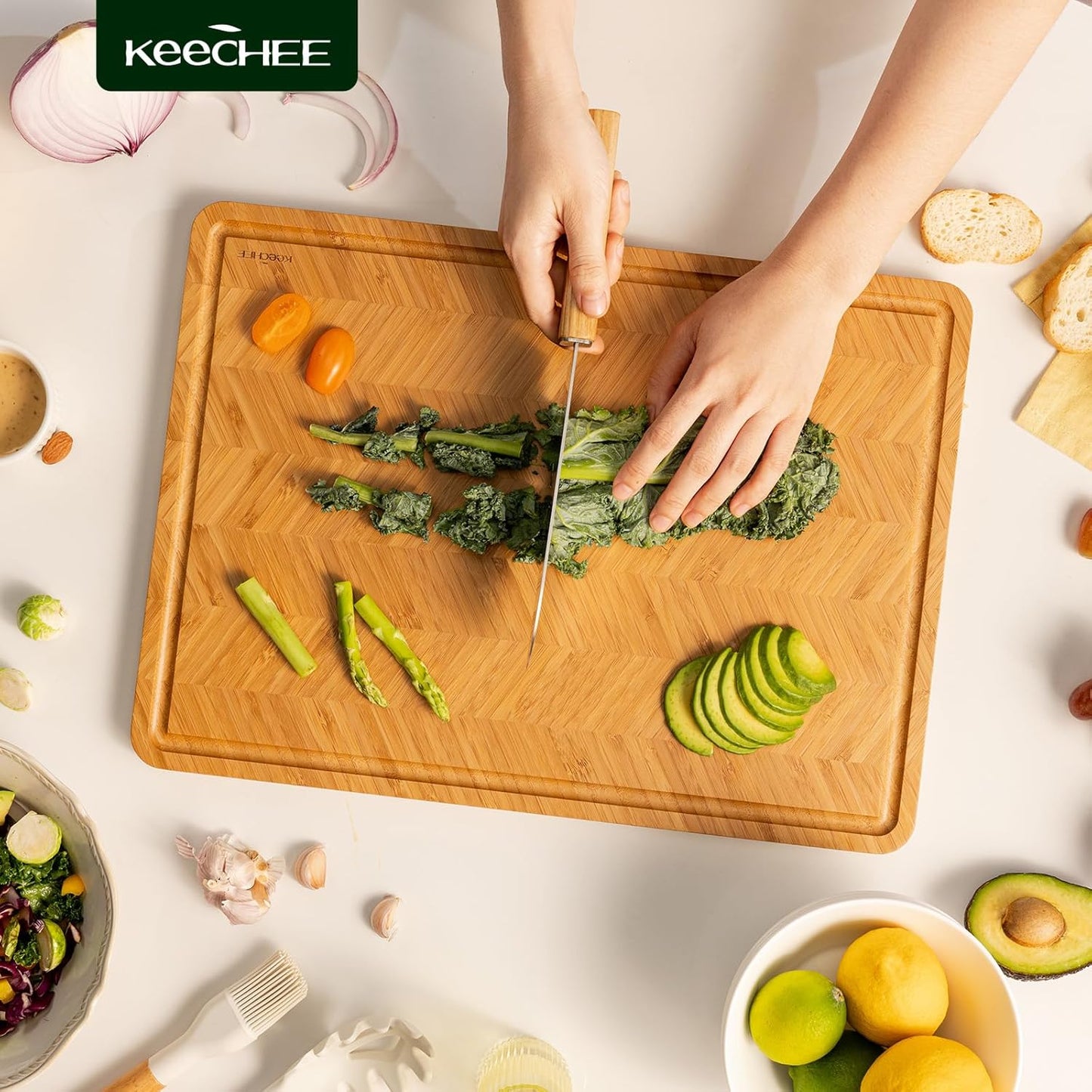 Bamboo Cutting Board, Reversible Wood Cutting Boards for Kitchen with Juice Grooves, Atelier Collection Handcrafted Large Serving Tray, Luxury Housewarming Wedding Gifts for New Home