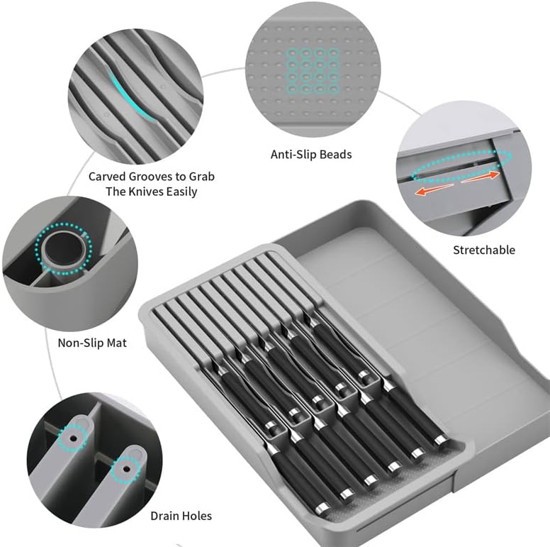 Expandable Knife Drawer Organizer Adjustable Knife Holder – In Drawer Knife Block with Non Slip Base, Space Saving Kitchen Drawer Insert for Home (silver)