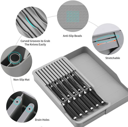 Expandable Knife Drawer Organizer Adjustable Knife Holder – In Drawer Knife Block with Non Slip Base, Space Saving Kitchen Drawer Insert for Home (silver)