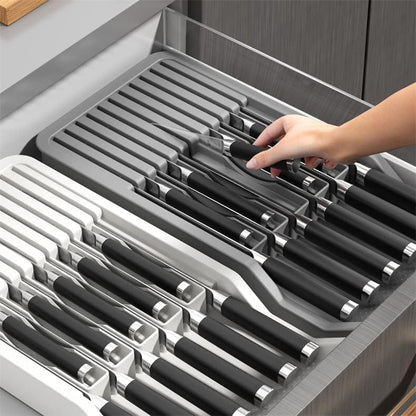 Expandable Knife Drawer Organizer Adjustable Knife Holder – In Drawer Knife Block with Non Slip Base, Space Saving Kitchen Drawer Insert for Home (silver)