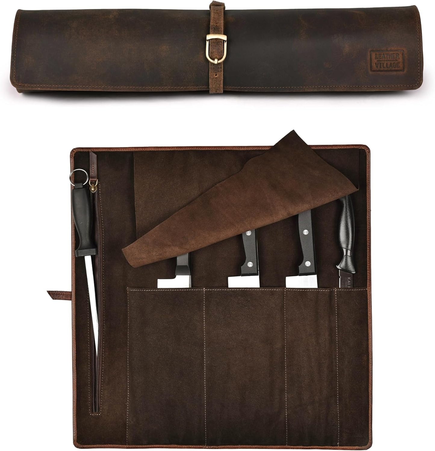 Genuine Leather Knife Roll Bag For Chef Professional-Brown | Durable Sheath Holder, Cooks & Culinary Tools Organizer, Portable Travel Storage with 4 Slots & Zipper Chef Carrying Case