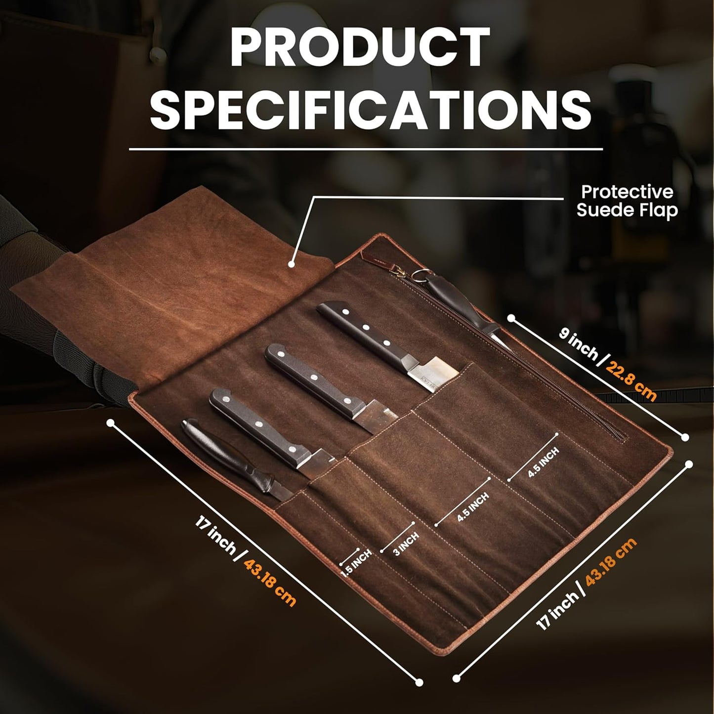 Genuine Leather Knife Roll Bag For Chef Professional-Brown | Durable Sheath Holder, Cooks & Culinary Tools Organizer, Portable Travel Storage with 4 Slots & Zipper Chef Carrying Case