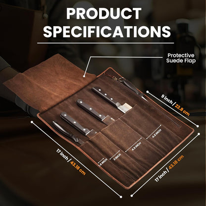 Genuine Leather Knife Roll Bag For Chef Professional-Brown | Durable Sheath Holder, Cooks & Culinary Tools Organizer, Portable Travel Storage with 4 Slots & Zipper Chef Carrying Case