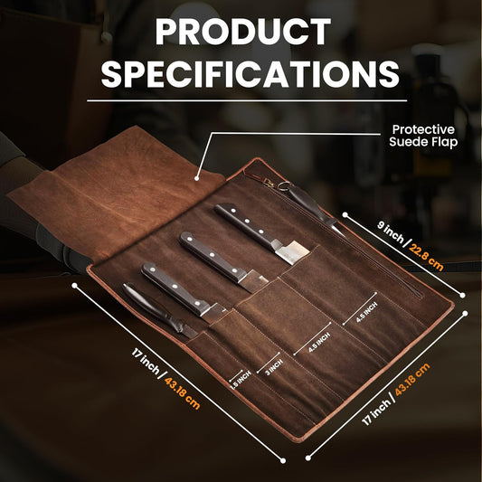 Genuine Leather Knife Roll Bag For Chef Professional-Brown | Durable Sheath Holder, Cooks & Culinary Tools Organizer, Portable Travel Storage with 4 Slots & Zipper Chef Carrying Case