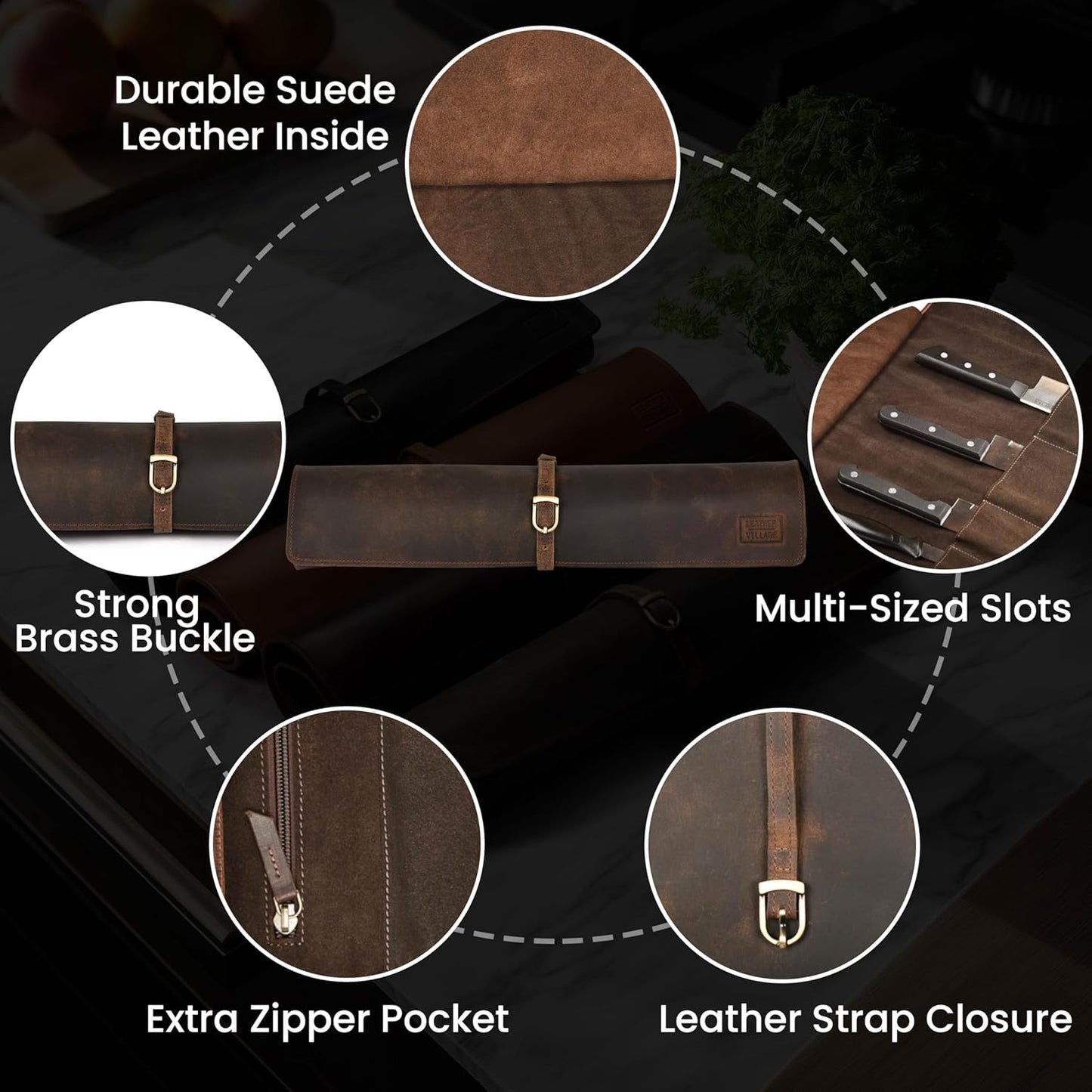 Genuine Leather Knife Roll Bag For Chef Professional-Brown | Durable Sheath Holder, Cooks & Culinary Tools Organizer, Portable Travel Storage with 4 Slots & Zipper Chef Carrying Case